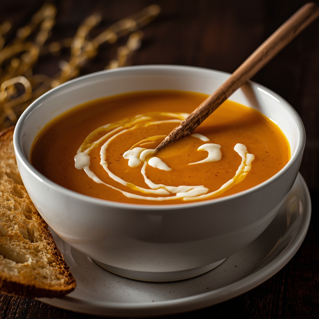 Cremige Karottensuppe mit Ingwer und einem Sahneswirl in einer weißen Schüssel – vegetarisches Wohlfühlessen für kalte Tage