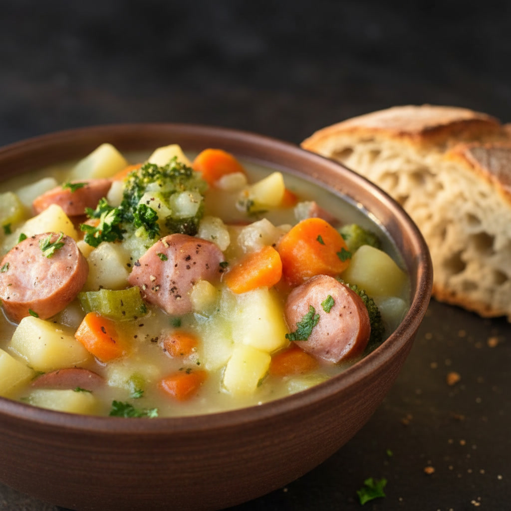 Herzhafte Kartoffelsuppe mit Würstchen, Möhren und Suppengemüse in einer rustikalen Schüssel – klassische deutsche Hausmannskost mit frischem Brot