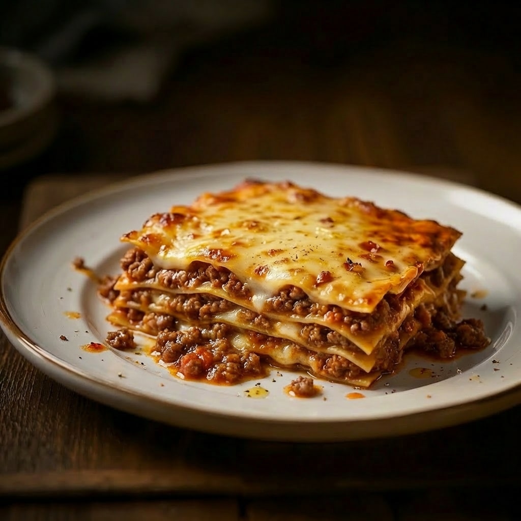 Klassische Lasagne mit herzhaftem Hackfleisch-Ragù, goldbrauner Käsekruste und sichtbaren Nudelschichten auf einem weißen Teller – italienischer Klassiker selbst gemacht