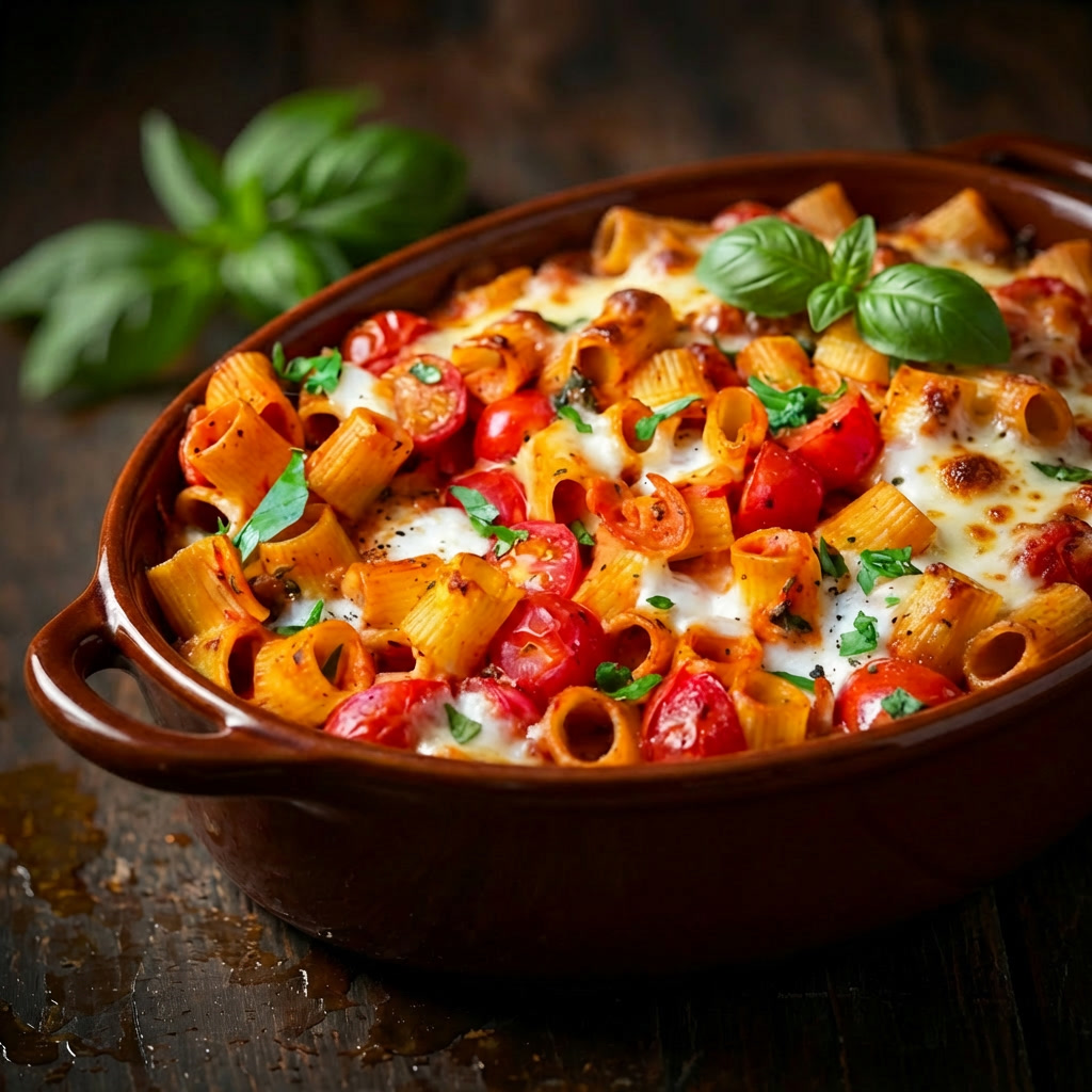 Nudelauflauf Tomate-Mozzarella (Rezept auf pfannenheld.com)