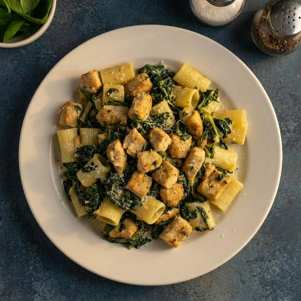 Penne mit Hähnchen und Spinat (Rezept auf pfannenheld.com)