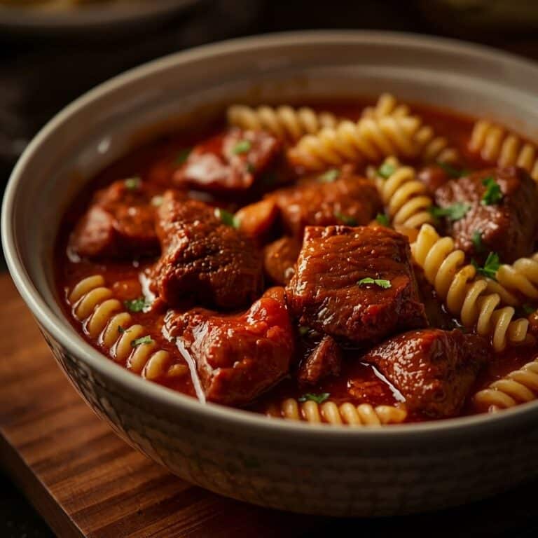 Klassisches Rindergulasch mit zarten Fleischwürfeln in kräftiger Paprikasoße, serviert mit Spirelli und frischer Petersilie in einer rustikalen Schüssel