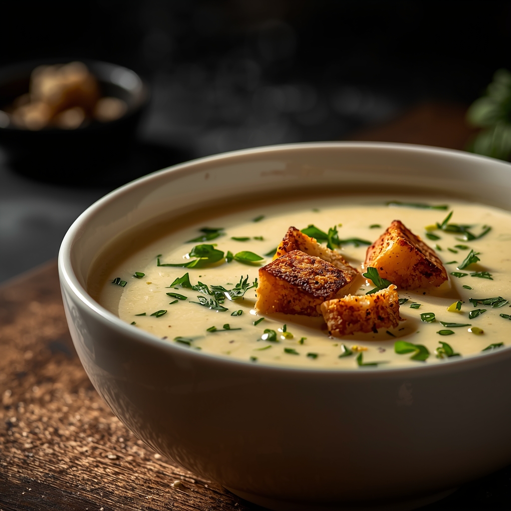 Blumenkohlsuppe in einer Suppenschüssel mit Croutons und Kräutern