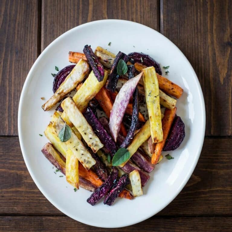 Bunte Gemüse-Pommes aus Karotten, Rote Bete, Kartoffeln und Süßkartoffeln mit frischen Kräutern auf einem weißen Teller