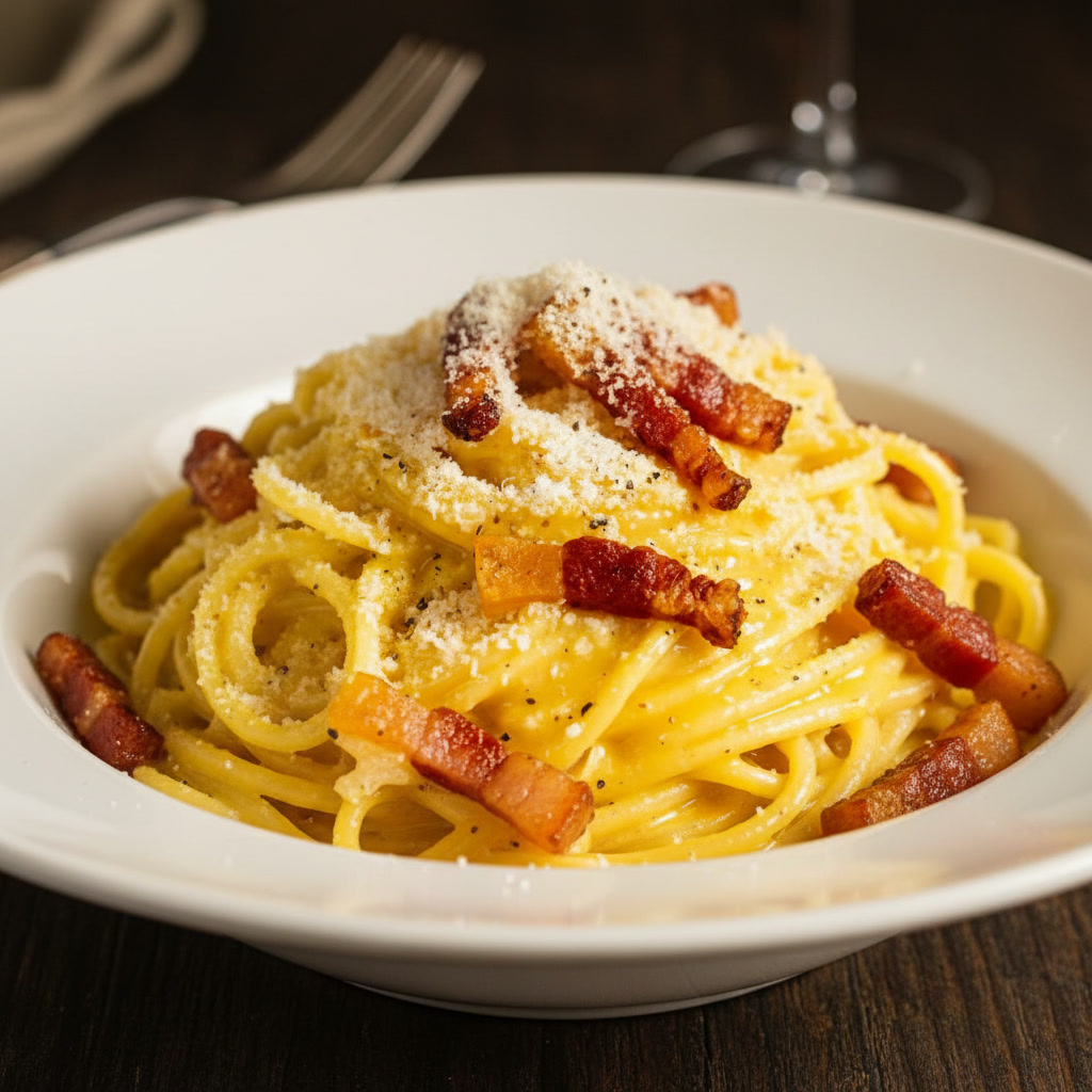 Spaghetti Carbonara nach römischem Originalrezept – cremige Pasta mit knusprigem Guanciale, frisch geriebenem Pecorino und schwarzem Pfeffer in einem weißen Teller