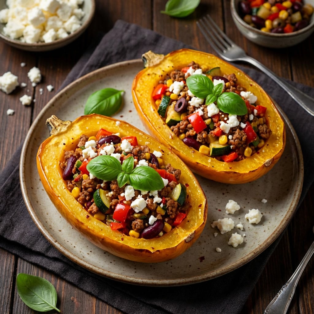 Spaghettikürbis gefüllt mit würziger Hackfleischfüllung, Kidneybohnen, Paprika, Mais und cremigem Feta – garniert mit frischem Basilikum auf einem rustikalen Teller