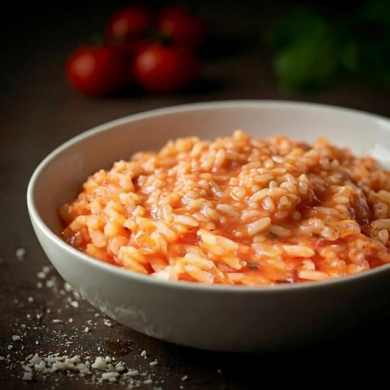 Cremiges Tomatenrisotto in einer weißen Schüssel – klassisches vegetarisches Reisgericht der italienischen Küche mit frischen Tomaten im Hintergrund