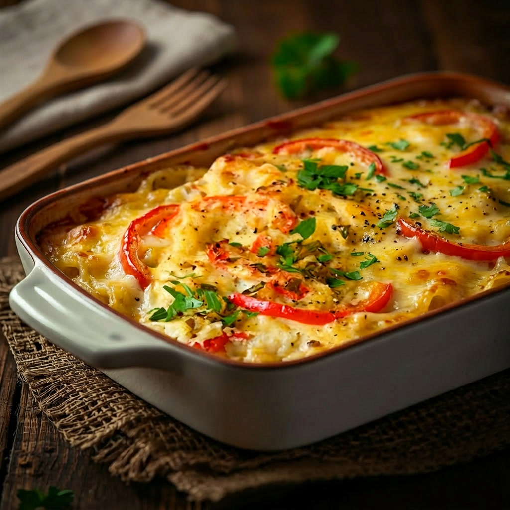 Vegetarischer Sauerkraut-Auflauf mit Paprika, goldbrauner Käsekruste und frischer Petersilie in einer weißen Auflaufform – herzhaftes Wohlfühlessen aus der deutschen Küche